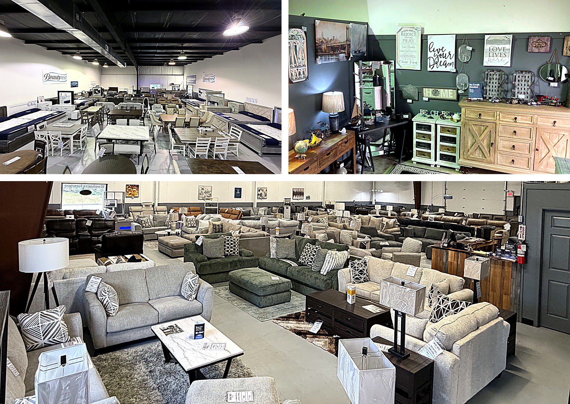 Warehouse Furniture Indianapolis showroom — dining, decor, and living room displays